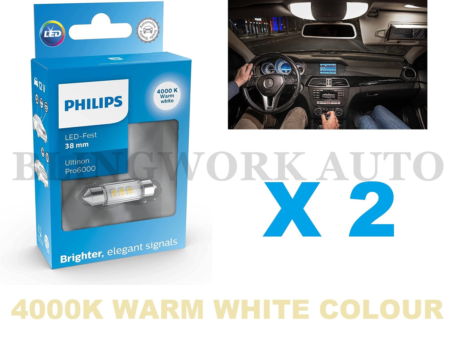 PHILIPS 38mm Ultinon Pro6000 LED 4000K Warm White Interior Festoon Bulbs