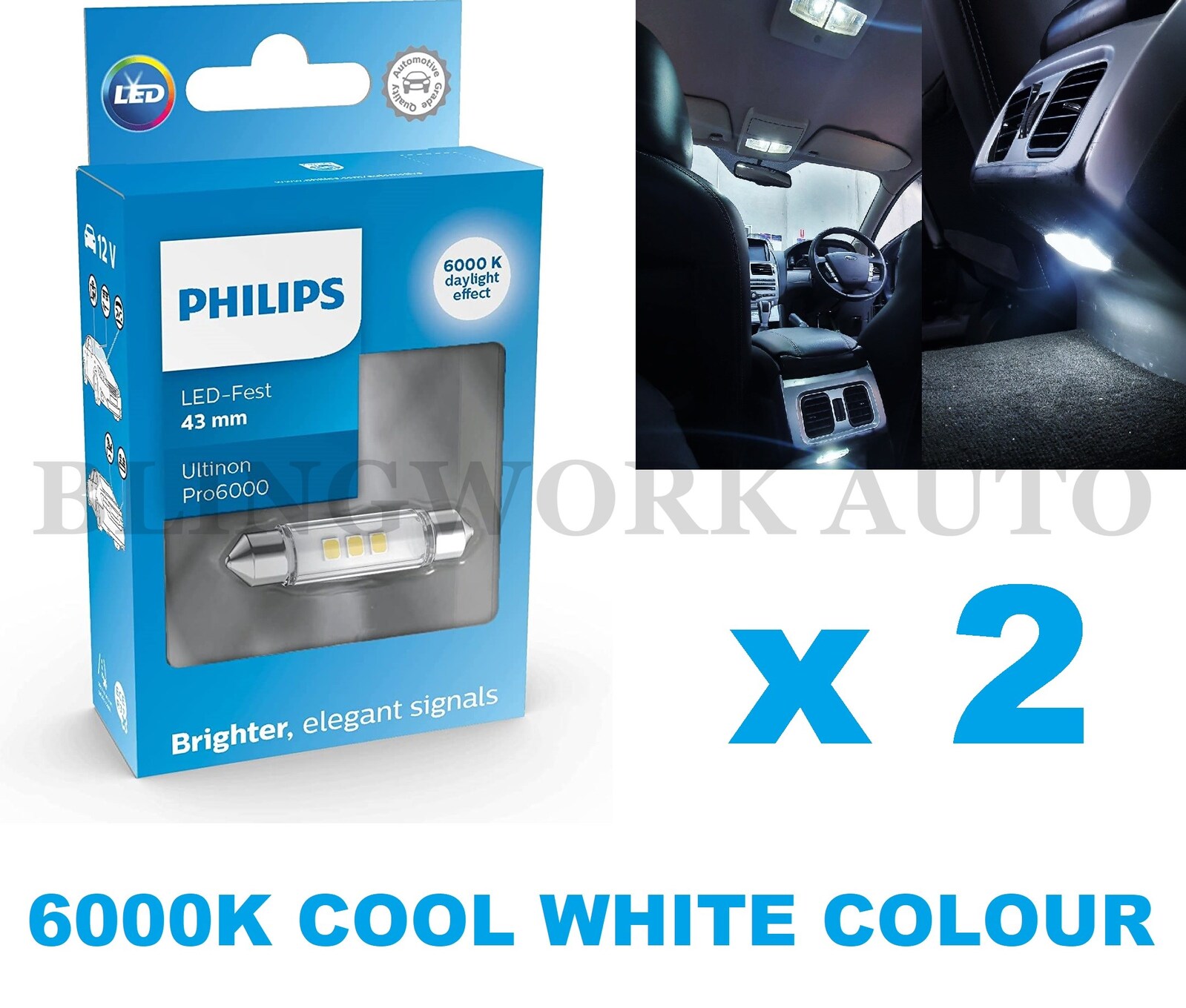 PHILIPS 43mm Ultinon Pro6000 LED 6000K Cool White Interior Festoon Bulbs