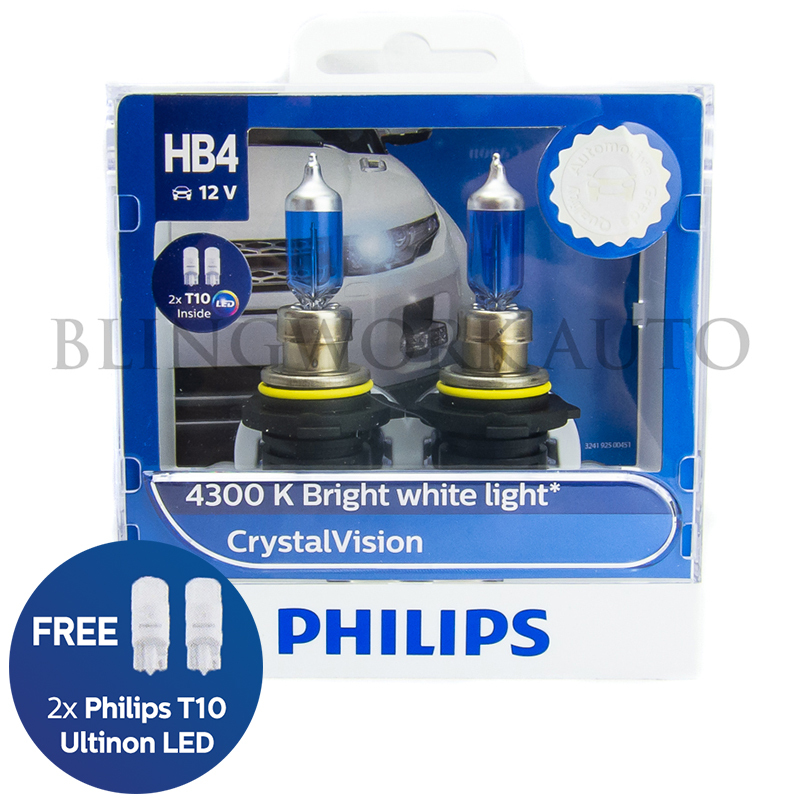 Philips H4 CrystalVision Halogen Bulbs – 4300K Bright White – 60/55W – 12V – Pair