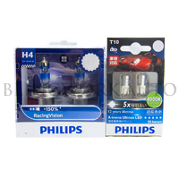 PHILIPS H4 +150% Racing Vision Halogen Bulb + Philips 4000K LED T10